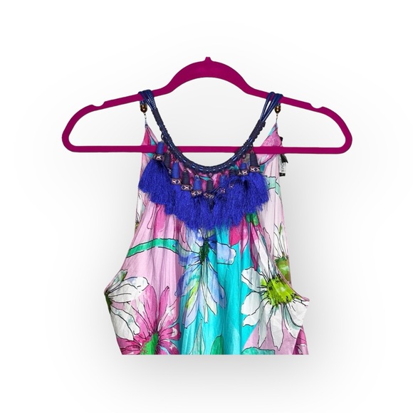 Boston Proper 𑁍 Floral Print Tassel Necklace Handkerchief Hem Dress 𑁍 Aqua 𑁍 - Picture 4 of 16